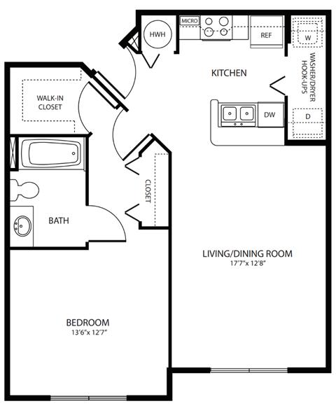 Floor plan for 1 bed, 1 bath, 705 sqft